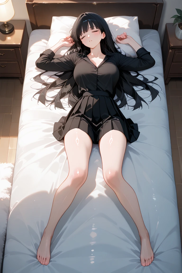 1 girl, brunette, long hair, Blue eyes, dark shiny skin, White shirt, black tie, high detail, Luxurious view, ???? legs, USA