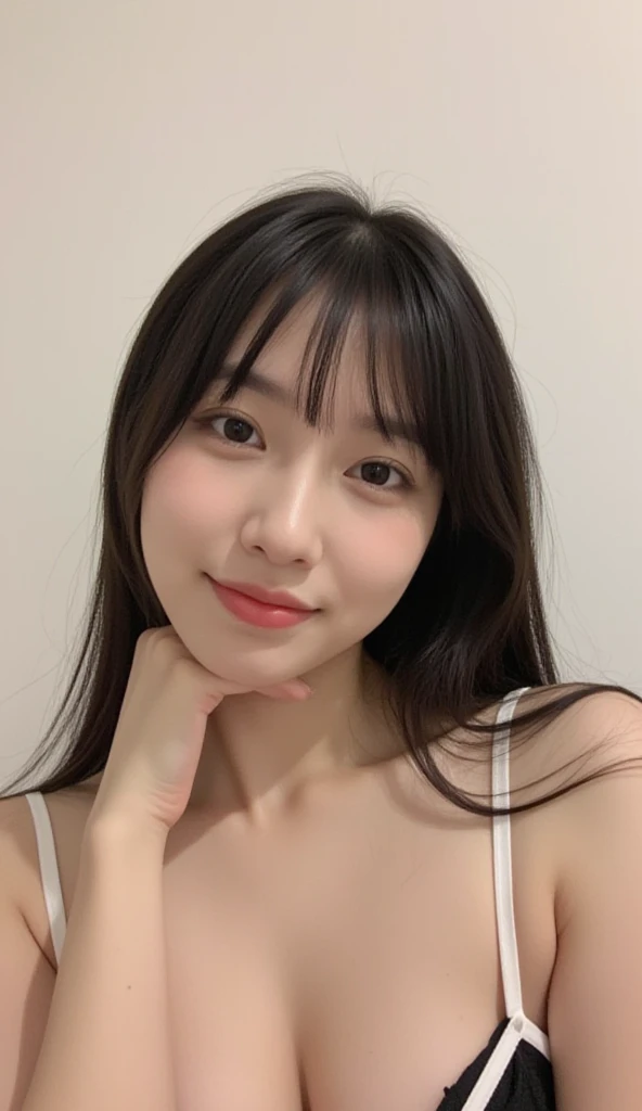 Realistic, Best Quality, Girl, Young Adult Woman Who Looks Like a High School Girl, High Resolution, Natural Skin, Portrait, Looking at Camera, Photo_Light, {{}}, Ulzzang-6500-v1.1:0.8 Facing forward, standing upright, no make-up, in front of an inorganic white wall indoors, white string bikini, wide eyes, very short dark blue socks, serious and honor student atmosphere, smiling.