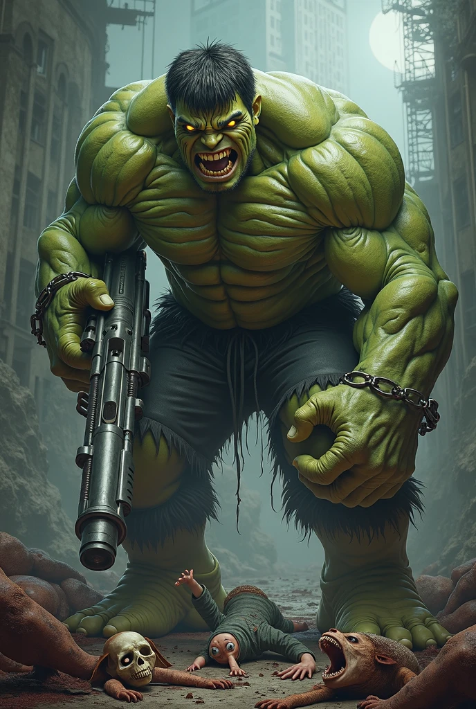 A male monster, he has the head of a traffic light, he is wearing a stop sign tied with barbed wire on his chest right in the center, he is gigantic and muscular, he is wearing short blue pants and he is holding in his left hand a strong electrician that he tore off the pole, he is still releasing sparks, his body is full of tattoos and is stained with blood, he is in a city and he is so big that the houses look small, the city is releasing a green mist, the image has to be in anime