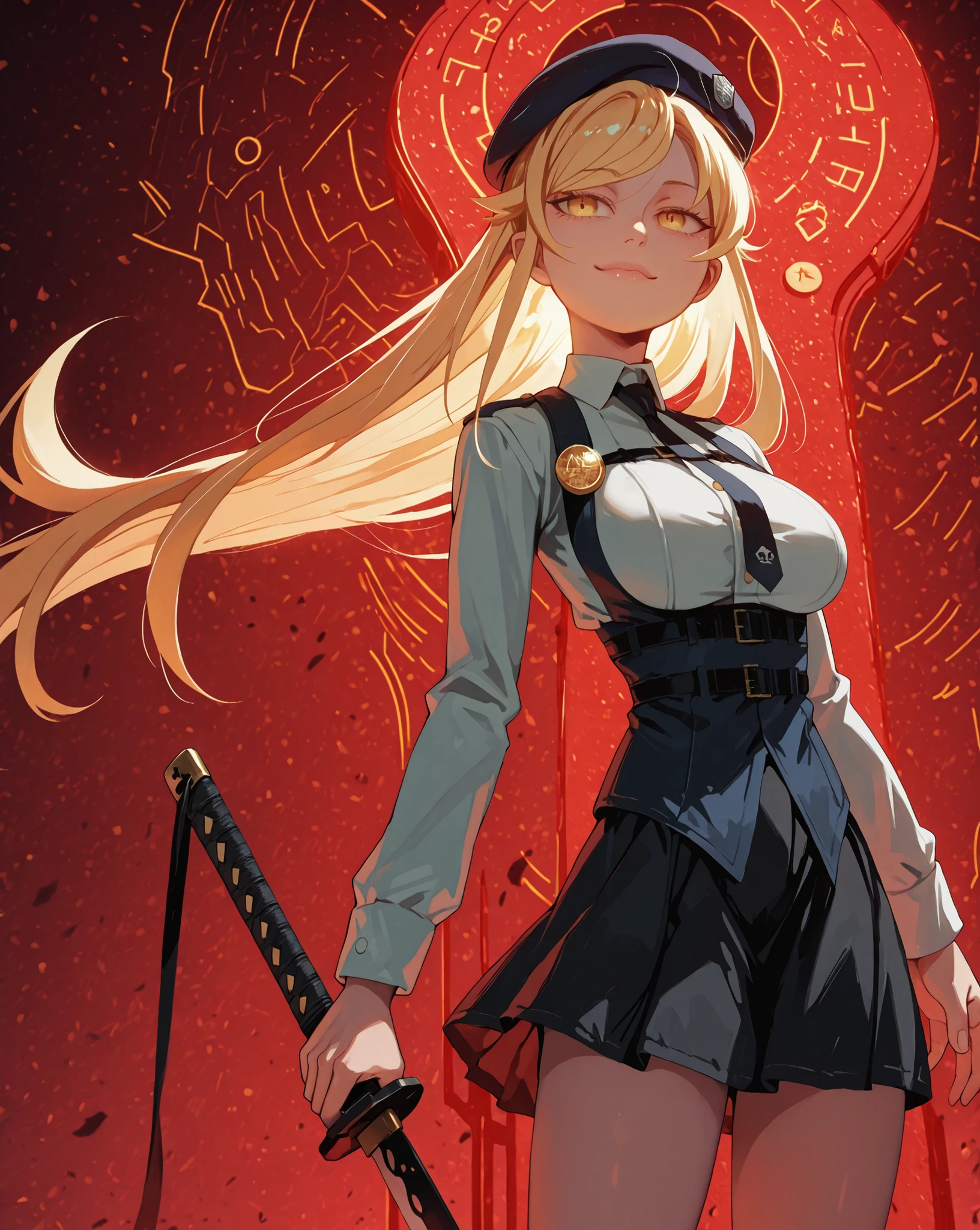 A young female character , with the same height and body type as Shinobu Oshino from Oshino Monogatari, has long blonde hair with a red ribbon on one side of her head, da personagem, just like Shinobu Oshino from the series Monogatari, and the same facial features as Shinobu Oshino from the same series: olhos vermelhos, but with a provocative and confident smile. She wears a black military uniform with a black skirt. This uniform is very detailed, with gold medals and symbols, a red tie and a military badge red on the top of your head, slightly tilted to the side. huge black katana with red details with futuristic cyberpunk design details. His pose is bold and conflicted, series aimed directly at the viewer with a slightly tilted head, shoulders back and an expression full of confidence, olhos vermelhos, medium breasts and large buttocks , a personagem tem 1.50 meters tall and she's a young, olhos vermelhos, fundo preto.
The overall style must be detailed and colorful, matching the rendering quality, but with a punk touch and a younger and more feminine appearance, red beret on top of the head slightly tilted to the side, muito maior do que, huge black katana with red details with futuristic cyberpunk design details, fundo preto, olhos vermelhos.