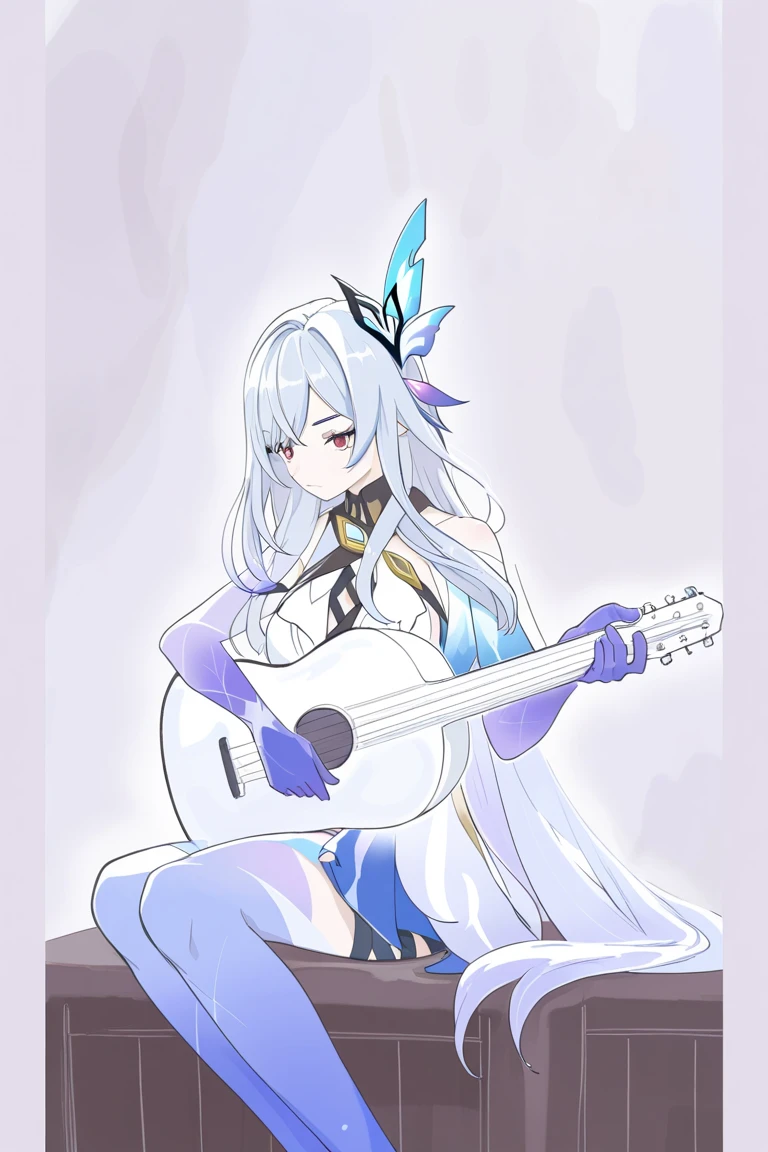 ((white background)),(master piece),(best quality),(ultra detailed),(realistic),(16k),(exquisite),(absurdres),saraswati,sarasvati, ((indian style)),(full body),(side view 180°),looking down:1.4,benzaiten,(lute)