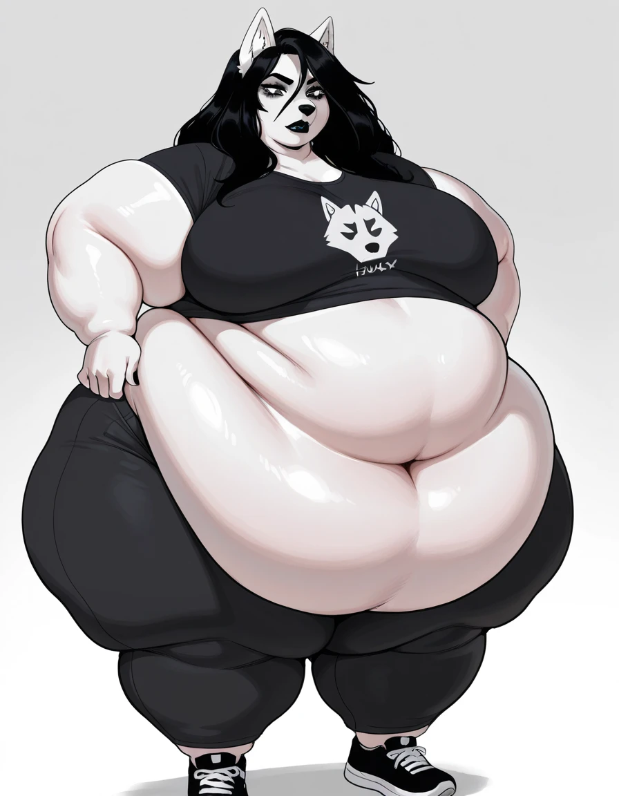score_9, score_8_up, score_7_up, 1girl, elisehtp, solo, hair over eyes, blunt bangs, ponytail, freckles, white skin, huge breasts, chubby, huge ass, tall, black lips, nose ring, black dress, juliet sleeves, cross earrings, long sleeves, necklace, puffy sleeves, gothic, black nails,