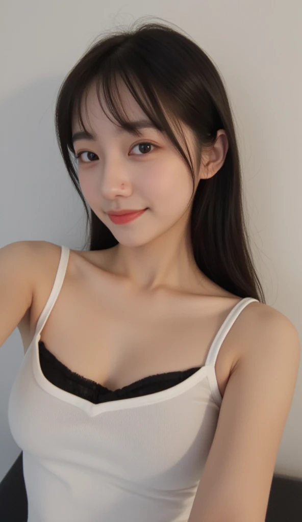 (Tight white t-shirt showing navel:1.2)、Black skinny pants:1.2、8K quality、Very detailed、masterpiece、Realistic、(One Girl:1.5)、Brown eyes、Black Hair、Long Hair、rough、blush、(Large bed:1.2)、masterpiece、Highest quality、A shy smile、(Sweat:1.3)、Long Hair、Black Hair:1.2、(Selfie:1.5)、Cleavage:1.5、Full body image:1.2、Mix 4, (8K, RAW Photos, Best image quality, masterpiece: 1.45), (Genuine, photoGenuineistic、photoGenuineistic:1.37、1080.1), 一人のgirl、cute、darkness、Wet、Professional Lighting、Photon Mapping、Physically Based Rendering、グラデーションのBlack Hair、Long Curly Hair、good looking、girl、 Highest qualityの写真, High resolution, (cute face), (Detailed facial depiction)、(Detailed Hand Explanation), (masterpiece), (Detailed CG), Extreme light and shadow, masterpiece, Rich details, (Detailed facial features), (Best image qualityの紴), (masterpiece), (Beautiful Eyes), Looking into the camera, Thin clavicle, Very detailed顔, Lip details, Beautiful Eyes, double eyelid ,5 years old 、(child:1.2)、No makeup、Genuineの人間