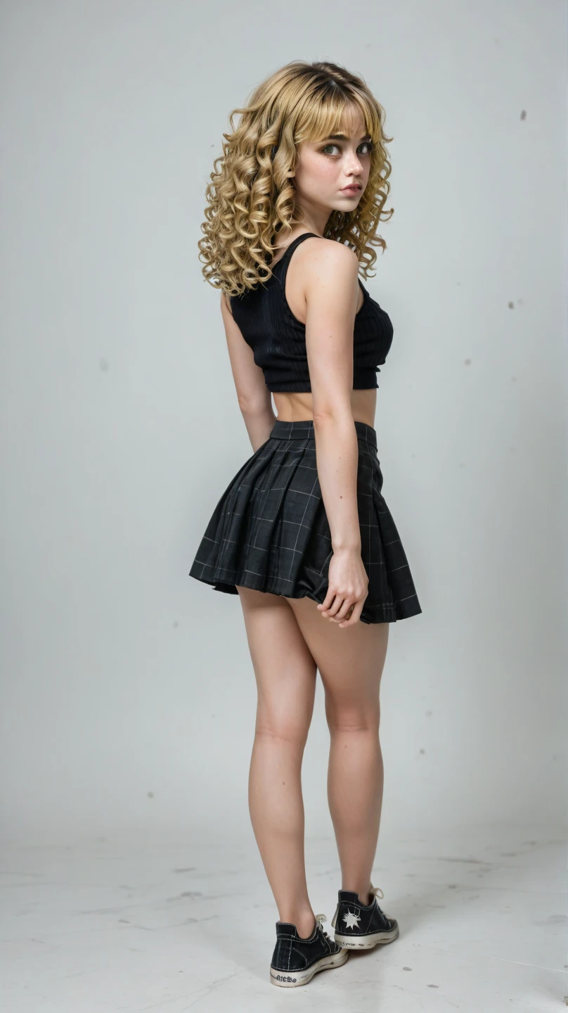 caucasian woman, blonde hair, (((curly hair))), long hair, hair in ponytail, olive green eyes, lined eyes, bright eyes, red lipstick, makeup, smile, toned body, athletic body, ((small breasts)), (((legs))), open legs, striped blouse, ((pleated skirt)), ((black skirt)), bracelets, On university campus, back, buttocks, ass, back view, ((shot from behind)), ((((shot from below)))).