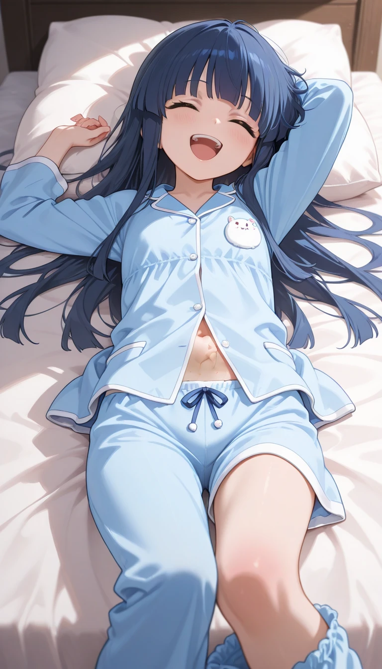 (masterpiece:1.3), (Absurd:1.3), (highest quality:1.3), The Hands of Guido Daniele, (Very detailed:1.3), (Best Shadow:0.7), (Processed Hair), One girl, alone, S1, aizawa ema, 16 years old, (medium Breasts:0.9), (pregnant:1.2), (thick thighs:0.4), (Black hair:1.4), Asymmetrical bangs, Blunt bangs, blue eyes, (Light blue pajamas:1.4), no bra, (nipple shape:1.0), (White socks:1.4), cute face, panic face, (embarrassed:1.1), in the bed room, on the bed, co-sleeping, open legs,