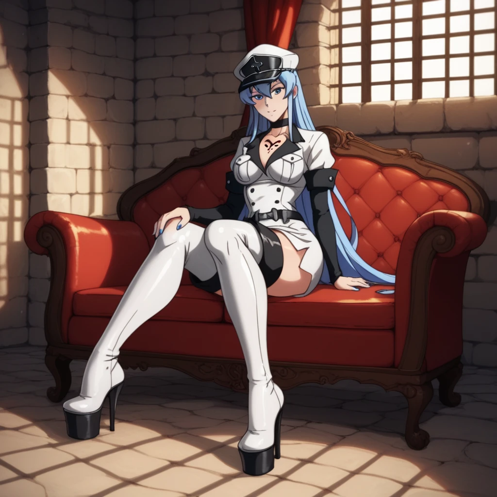 masterpiece, high quality, best quality, 1girl, esdeath, long blue hair, white peaked cap, blue eyes, white military uniform, long sleeves, white thigh high boots, choker, cleavage, anime screencap, anime key visual, femdom, sadism, ?????, testicles, trampling, boots crushing ?????, stepped_on, ?????, sadism, cum on boots, footjob, nsfw, uncensored, heels digging into testicles