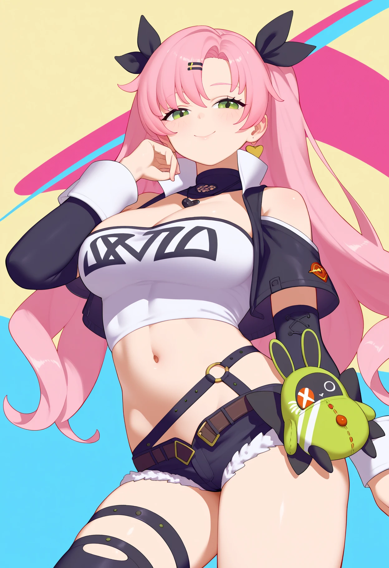 Erotic Anime Illustration、highest quality、Sex Appeal、Main street of the big city、Cynical smile、Graffiti art on the wall、Selling aphrodisiacs、Splatoon、A plump gal who draws graffiti art、Perfect proportions、Very large breasts、Fatty legs、Beautiful, shining eyes、Sweaty、Cowboy Shot、Shibuya Rin