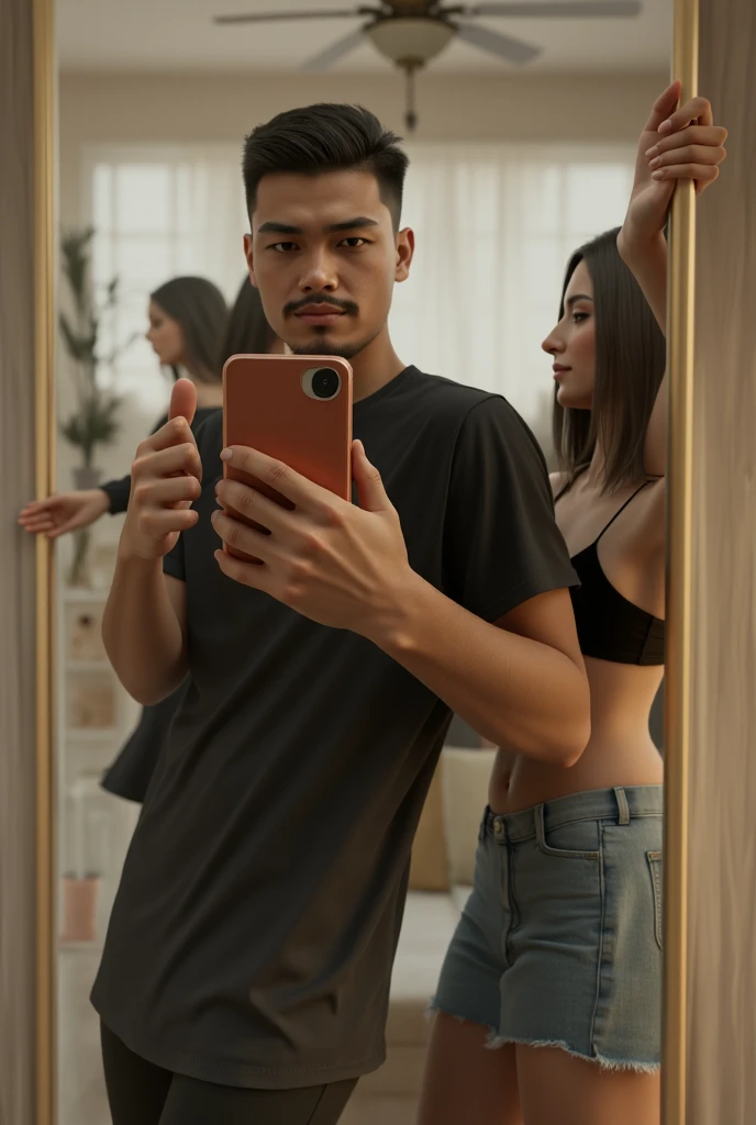 a before and after image. In the before frame, a man is holding a cell phone that says “gender transformation app”. In the after frame, he has transformed into a girly feminine woman doppelgänger of himself wearing a dress holding the same phone. She is euphoric with a rainbow aura around her