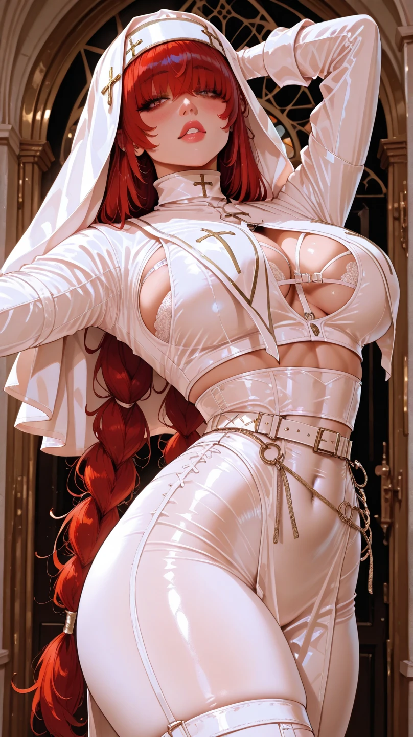 sister, black blindfold, white costume, church, big breasts, ecchi vibe, whip