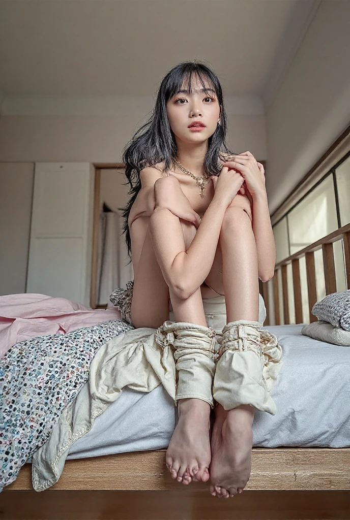 (8k:1.27), best quality, masterpiece, (ultra highres:1.2), beautiful detailed eyes, long eyelashes, double eyelid, high detail, detailed hairstyle, detailed face, hyper realistic, 1girl, solo, (20 years old), (medium breasts), small hips, slender body, (medium breasts:1.2), (wet:0.9), (transparent clothes), small hips, slender, bikini, black hair, closed mouth, (smiling:0.8), looking at viewer, (from below:1.3), (from front), legs focus, (cowboy shot:1.2), (sexy pose:1.2), bedroom, bed, 
