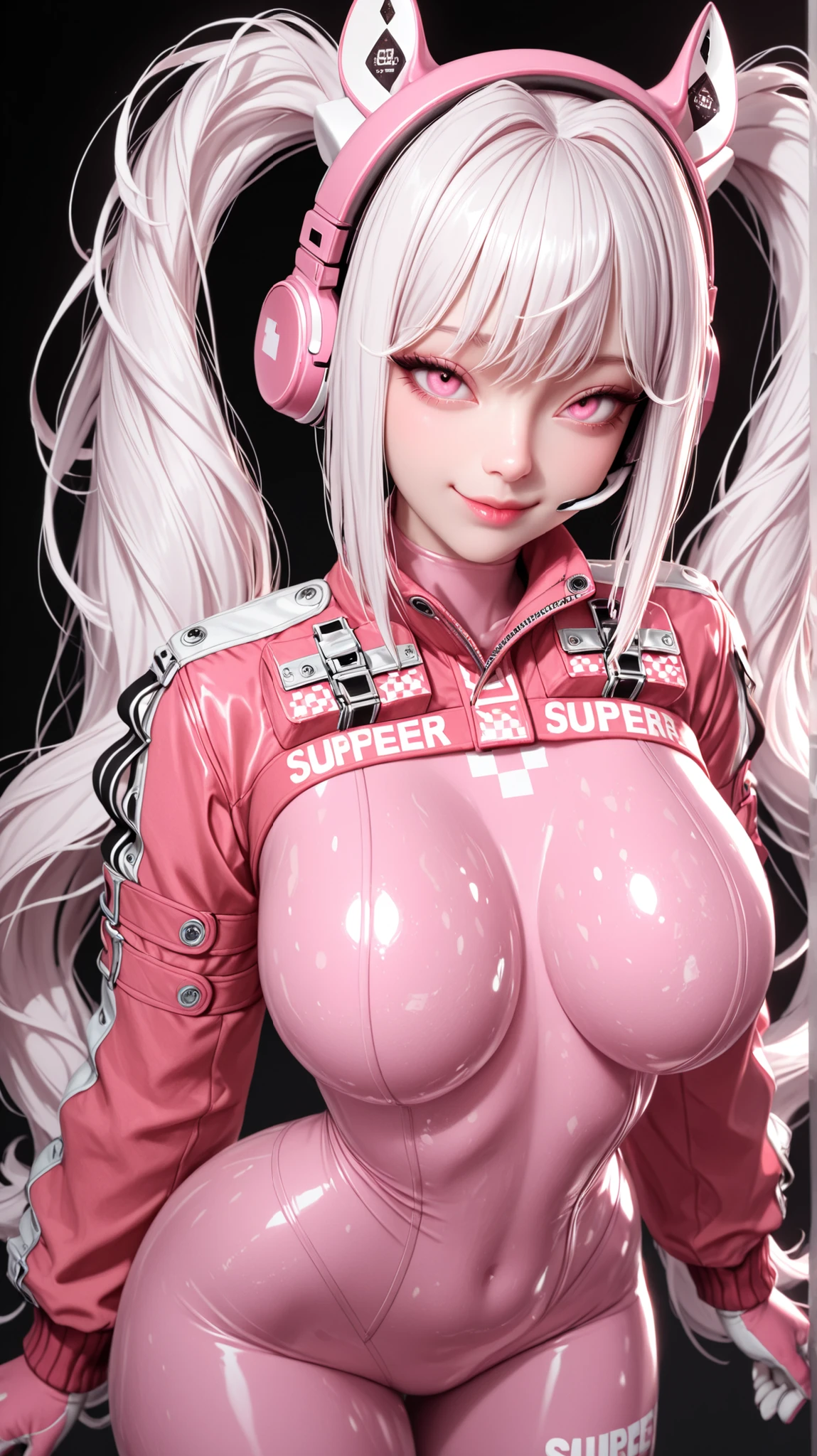 1girl, arms up, bangs, tights, navel covered, (hip closeup, turn back: 1.4), cropped jacket, gloves, headphones, impossible tights, red jacket, big breasts, white hair, long sleeves, looking at the audience, squat, medium breasts, supine, lips apart, pink leotard, pink eyes, pink hair, fluffy sleeves, red jacket, shrug \ (clothes\), tights, solo, double ponytail, alice \ (nikke\), (Masterpiece: 1.4), (Best Quality: 1.4), (Shiny skin), realistic