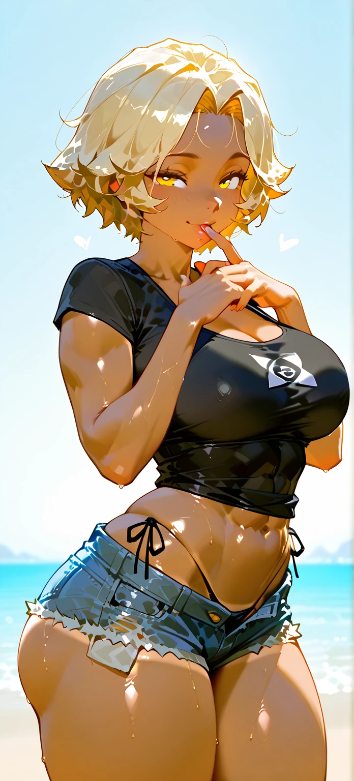 (best quality, masterpiece), 1 girl, Middle-aged woman，微lol, lol, ocean, crop top, shorts, blonde, freckle, blush, looking at the audience, curls, cloud, splash, wave, sun, Mountain, wet