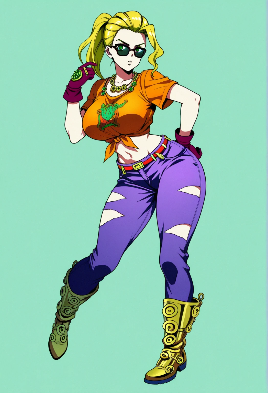 A sexy woman, sensual, beautiful beauty, big breast, short orange hair, squares her brown eye, wearing a green bra and dark green metallic pants, green heels, and a yellow glove.