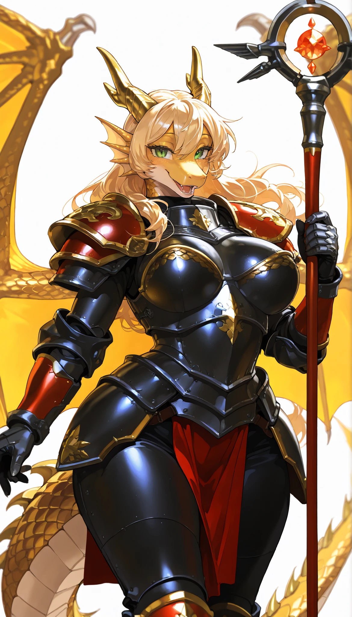 masterpiece, best quality, ultra-detailed, best illustration, solo, 1girl, looking at the viewer, score_9 , score_8_up , score_8 , score_7_up score_6_up score_5_up score_4_up , source_anime , 1girl , anthro, furry, scalie, solo , dragon, mom, mommy, milf, mature female, wings, dragon wings, green eyes, dragon horns, gold dragon horns, gold scales, scales, female, (lora: campfire:1), big breasts, wide hips, Innocent, happy, smiling, kind, blonde hair, long hair, holding staff, staff,heavy armor, armor, red armor, paladin, warrior, full armor, closed clothing, pants,edgAdepta,wearing edgAdepta,power armor,shoulder armor, jewelry, divine, divine anthro dragon