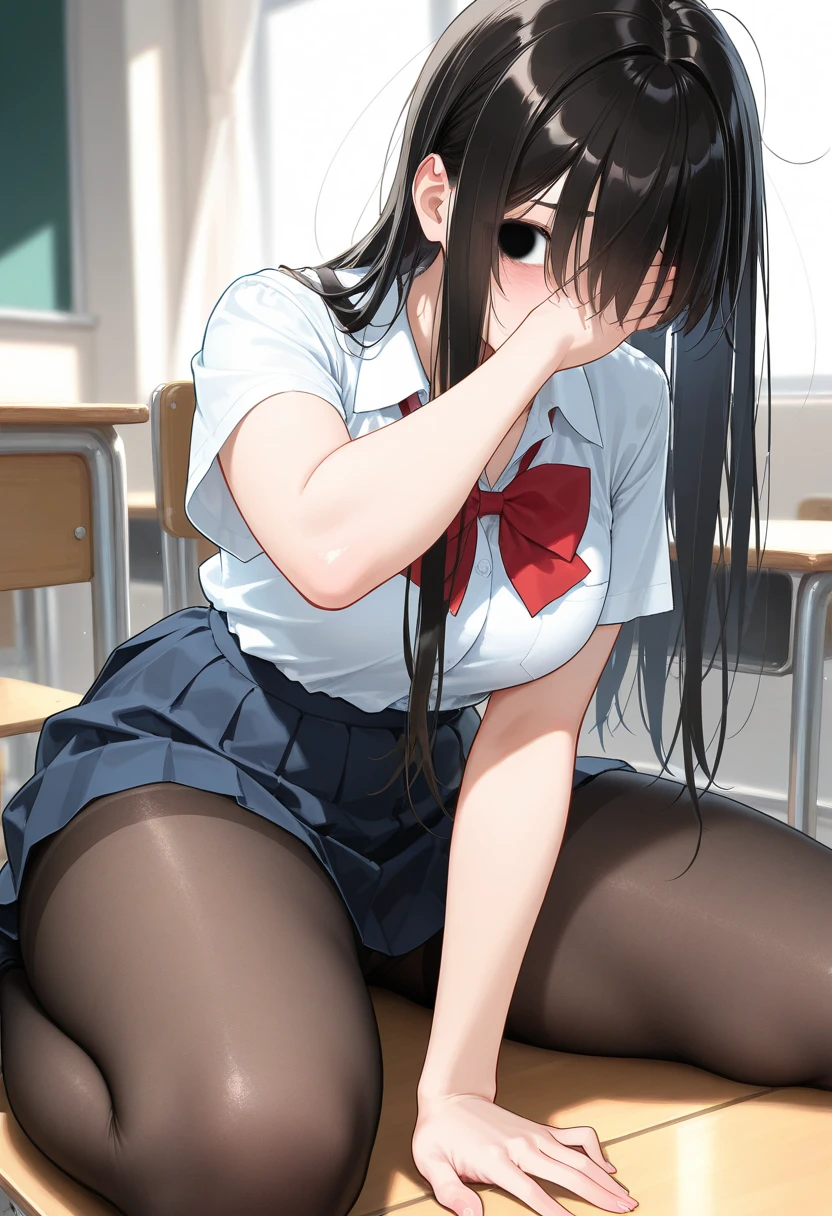 NSFW Tohsaka Rin, Aqua Eye, (Black Hair:1.5), hair ribbon, Long Hair, ribbon, Side Lock, Both sides up, (Parted bangs:1.5), break, Collared shirt, classroom, break looking at viewer, (Cowboy Shot:1.5) break (masterpiece:1.2), Highest quality, High resolution, unity 8k wallpaper, (figure:0.8), (Beautiful attention to detail:1.6), Highly detailed face, Perfect lighting, Highly detailed CG, (Perfect hands, Perfect Anatomy), Sit on a chair Cute white panties Spread your legs Spread your legs blush depressed Face distorted by pleasure Resisting Pleasure Blushing cheeks wet Nipples licked Overflowing body fluids Spurting body fluids ((Lean back)) (((Ecstasy)))++ Completely naked topless