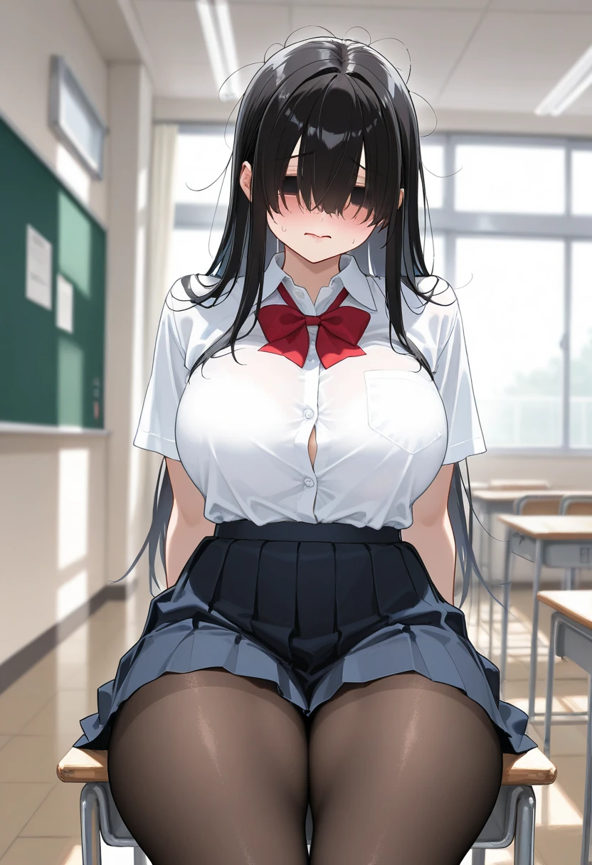 score_9, score_8_up, score_7_up, source_anime,
Komi shouko,
1girl, ((shy)),
Black hair, long hair, purple eyes, collared shirt, white shirt, (red skirt), striped skirt, ((thick tights)), big boobs,
standing, looking at viewer,
indoors, classroom, blurry background, (undressing shirt), ((bra)), ((blush)), sitting, ((cross legs))