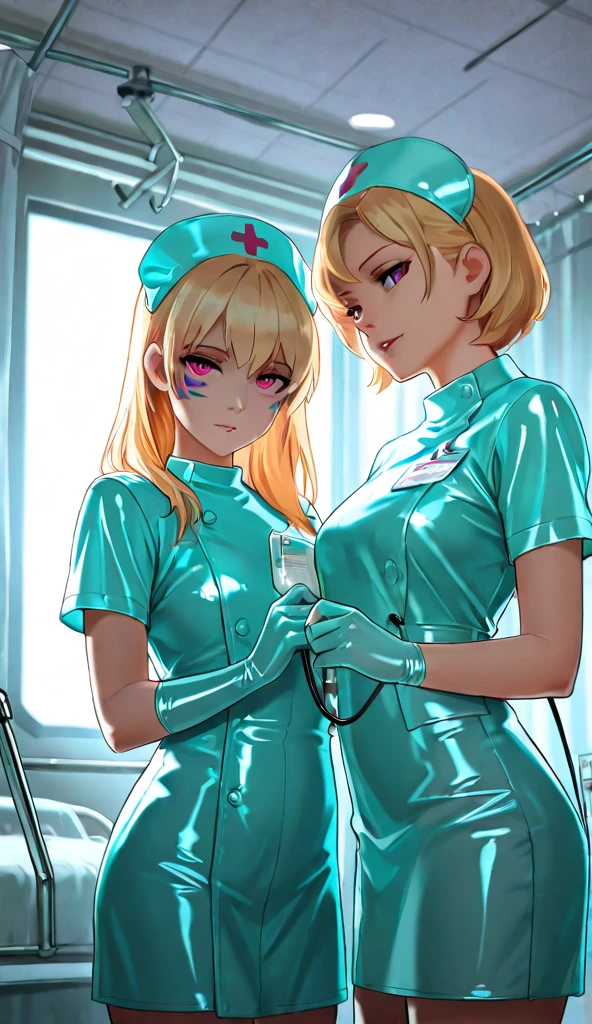 1boy, 2girls, light hair, square haircut, ponytail, bangs, ((blue surgical gloves)), ((doctor outfit)), ((( surgeon outfit))), (((((long sleeves))))), ((elbow gloves)), erection, gloved handjob, gloves, handjob, hetero, indoors, latex, latex gloves, looking at dick, ((surgeon girl)), penis, pov, uncensored, small penis
