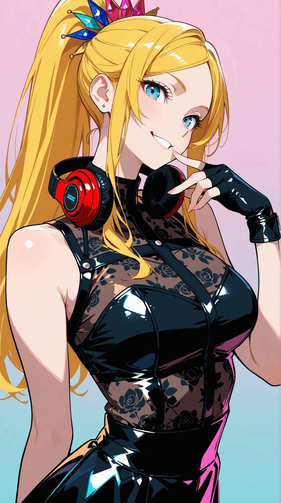 high quality, Blonde woman、Leather Suit、cyber-、Cat ear headphones、cute、first round、Eye patch