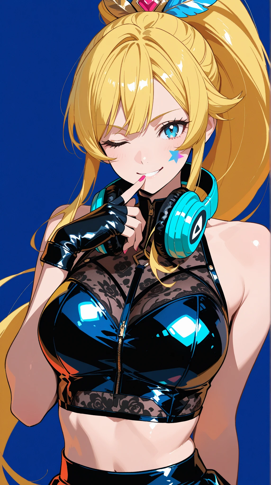 top-quality、Top image quality、​masterpiece、girl with((18year old、School Swimsuit Best Bust、Bust 85、a blond、poneyTail、,Beautiful blue eyes、open chest wide、Diamond earrings in the ears、Kamimei、Mechanical headphones)）hiquality、visualart、Background with((swimming pools))、