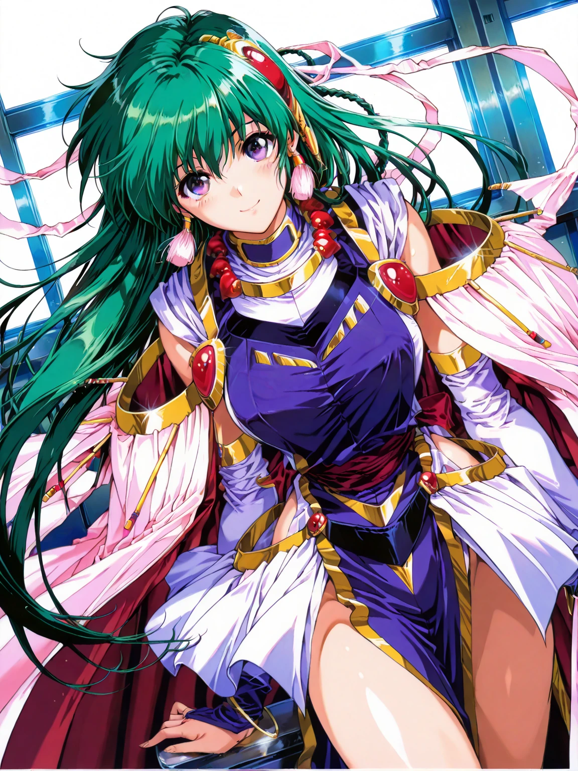 <lora:swatty:0.8>,swatty, 1girl, solo, long hair, green hair, jewelry, open mouth, blue eyes, bridal gauntlets, braid, panties, very long hair, earrings, ribbon, cowboy shot, underwear, smile, purple eyes, white panties, retro artstyle, ring, star (sky),
masterpiece, high quality, very_high_resolution, large_filesize, full color,