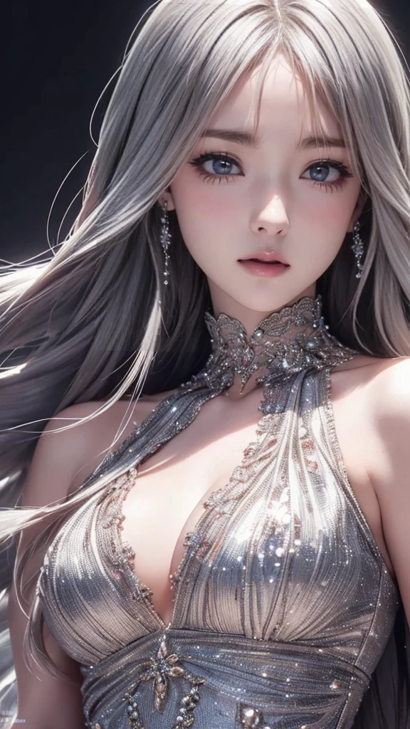 photorealistic, high resolution, 1 woman, solo, hips up, beautiful eyes, white hair, long hair, huge breast, bracelets,elegant necklace, elegant diamond earrings, stlouis, blue dress, revealing clothes