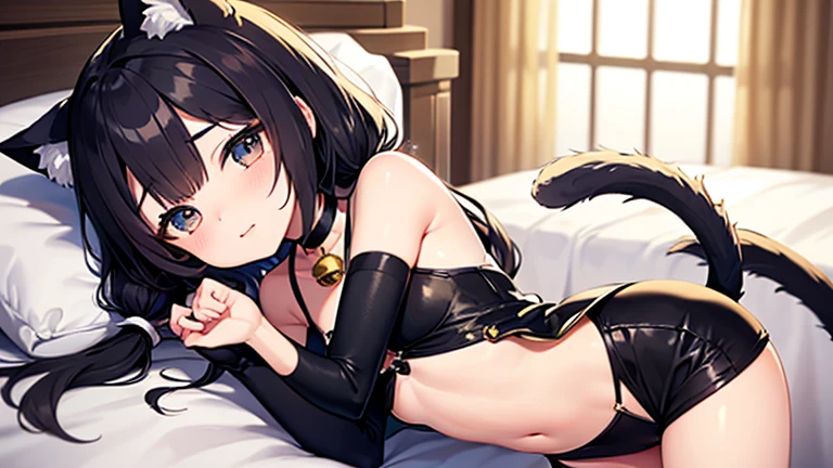 (best quality,8k,highres,masterpiece:1.2),ultra-detailed, solo, edgQuality, hourglass shaped girl, long hair, brown hair, (glowing eyes), (golden eyes), white lingerie, legwear, arm sleeves, (wearing edgcatlingerie), cleavage cutout, (sitting, wariza), bedroom scene, seductive gaze, seductive smile, (soft lights, night scene), dark skin, gal, black skin, wet skin