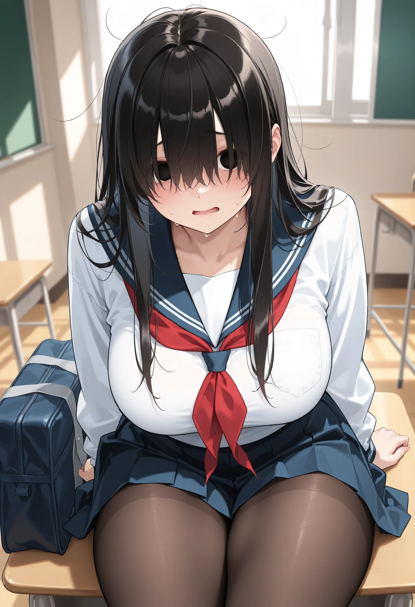 ((nsfw)), 1women,black_hair and eyes, ((peeing)),{"women is {{{peeing}}},{{pail full filled with yellow_transparent pee}}"},{{fusion of pussy and pee}}}, {"pee falling into pail"}, {{"pail under pussy and chair "}}, [[["pussy_juice_drip"]]],((Top quality)), ((Masterpiece)), ((Ultra precision)), ((Ultra detailed illustration)),((pail)), pussy juice,solo, {{{{from front}}}},{{"yellow_urination"}},((sitting on the chair)),nsfw, pussy, skirt, school_uniform, classroom,8K,

