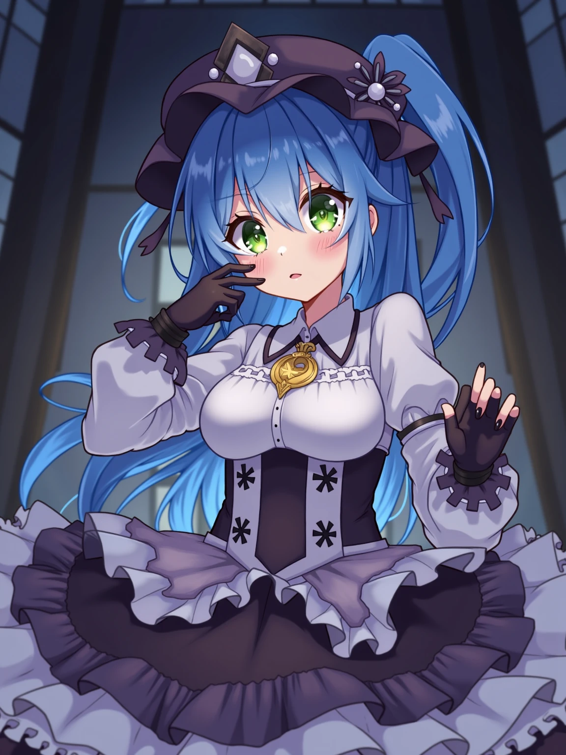 Girl in black white gothic lolita  with stockings blue hair red eyes Short skirt with small breasts show  pink In room Great quality 2k masterpiece 