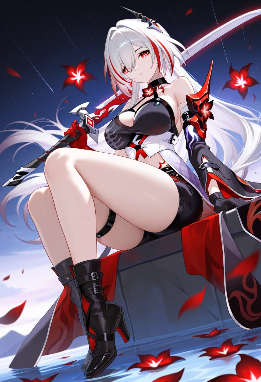 fantasy, 1devil_girl, low_teen, platina_blond_hair,long_bangs, bare_shoulder, navel out, thighhighs,silver_armor, red_Bikini,waist_armor, Glebe, hold_swords, large_tits, dynamic_floating_pose,Floating,(pelvic_curtain:1.3), silver_Headgear ,looking_down_at_sunrise_city_sky_background,,slightly_spread_legs,solo,horn ,smile,,open_legs,open_arms,rise_knee,rise_leg,rise_thigh,rise_leg,apart_legs,fang,Shiny_gold_eyes,crotch