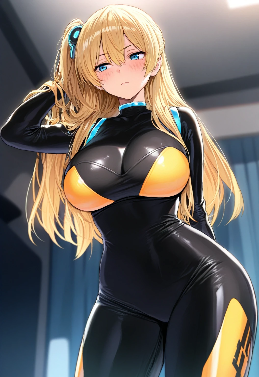 blonde hair, french braid, hair behind ear, hime cut, very long hair, heart-shaped pupils, animal ears, fox ears,"long orange fox ears with black tips", covering ears, kemonomimi mode, seductive smile,tail emanating(9 tails fox),huge tits, large hips,fully clothed,skin covered with latex , no nswf, high detail, depth of field, masterpiece, anatomically correct, high quality, award winning