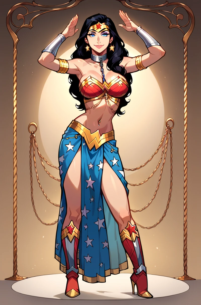 (masterpiece, Best quality, A high resolution, Ultra detailed),(beautiful and aesthetically pleasing:1.2), 1 woman, perfect body, wavy black hair, green eyes, long short tail, Beautiful face, (A slight smile:0.8), detailed eyes and face, Bioluminescent water, at night, stars, moon, intricate details, full body, A refreshing lemon yellow cover-up, loosely knotted over a bandeau top and high-waisted bikini bottoms, adorned with a charm-laden anklet