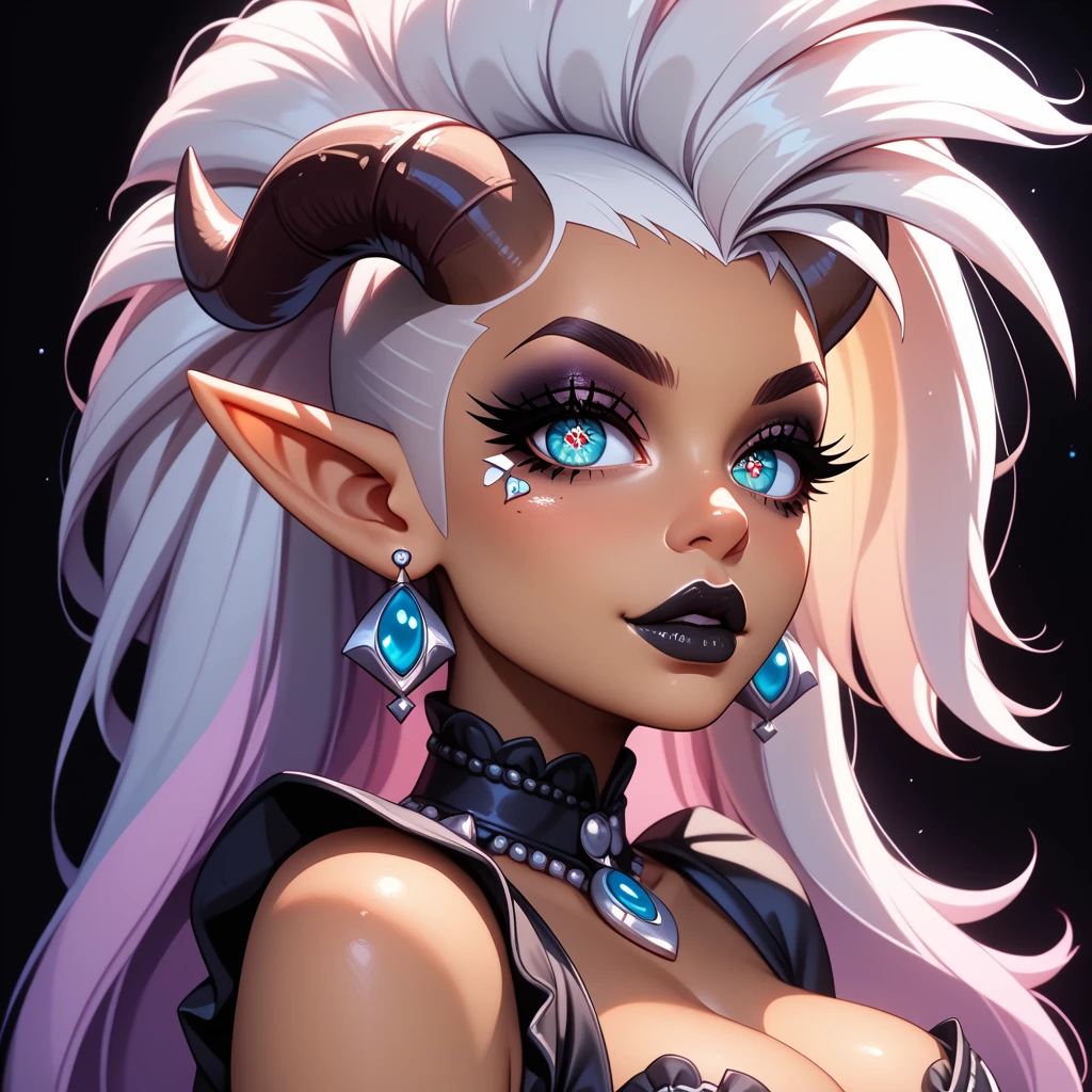 (masterpiece, highres, detailed),portrait,<lora:Septumv304:0.6>,nose ring,fangs,purple skin,crescent symbol on forehead,spiked hair,smile,black lips,pink hair,long eyelashes,large breasts,thicc,stars background,black horns,smoke from horns,blood on horns,horns from forehead,