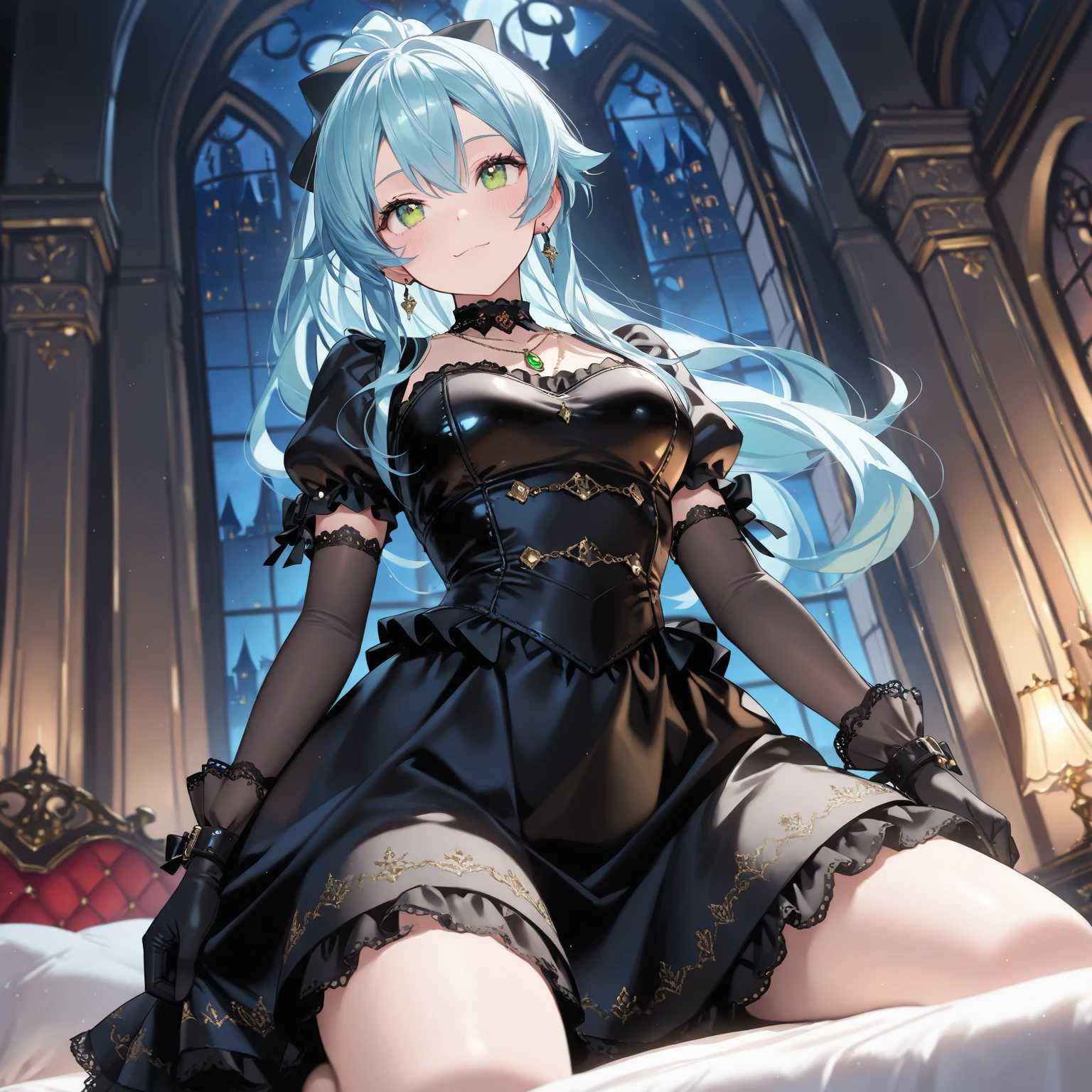 girl, in a dark castle, blue slime, choker, stockings, tricky glance, embarrassed,