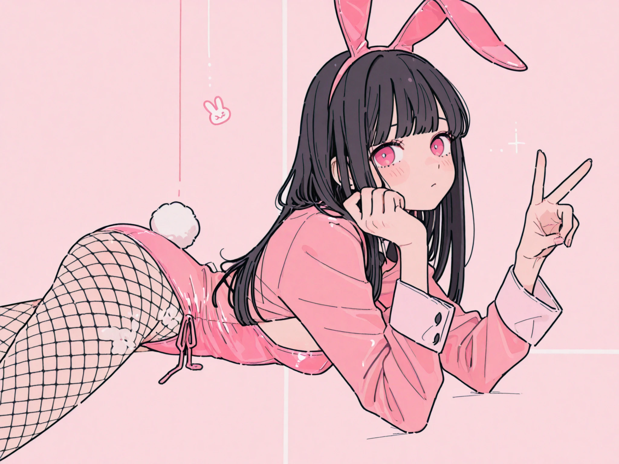 One person、long black bangs long hair with long hair、Clear pink eyes、Bunny Suit、Bunny Suitの耳、shy lol、bright personality、Shy、angle from the front、icon、fishnet tights、masterpiece、Best Quality、Peace Sign