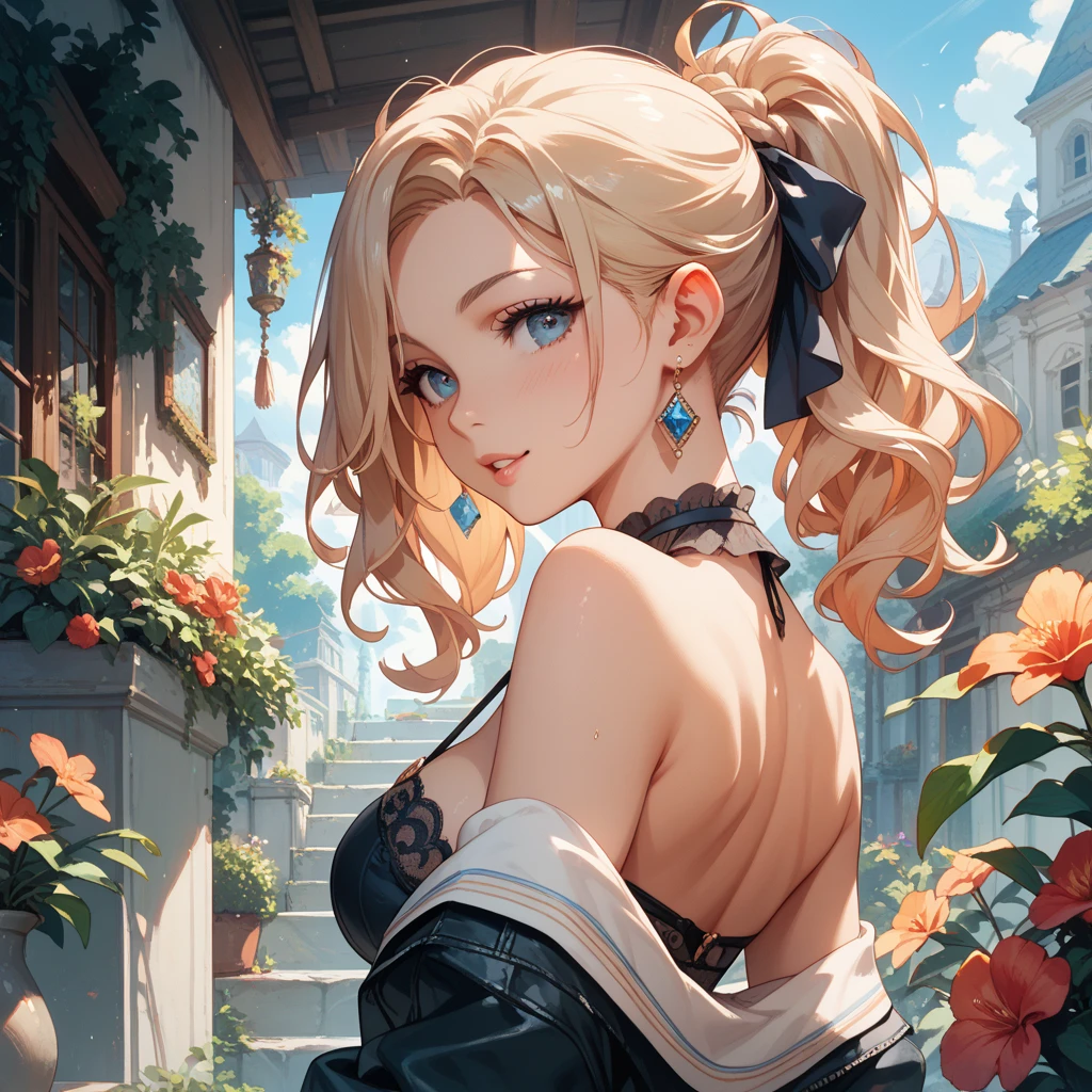 Big round breasts, she is a grown woman ((she is beautiful and cute)), (blonde hair with braid, pearls in the braid, beautiful earrings, choker), double eyelids, blue eyes, clear and detailed, hyper detailed, effect of light in the eyes, detailed iris, sensual body, ((beautiful black dress with a single strap, fanciful decorated with red flower embroidery on the delicate and elegant dress with beautiful details, beautiful and cool)), ((masterpiece, hyper realistic , hyper detailed, best quality, 16k, light and shadow on the skin, vivid colors)), eyeliner, thin eyebrows, sensual expression, perfect lips, innocent and sexy face, ((skin with light and shadow), beautifully seductive and embarrassed woman , passionate expression, shy smile ((she is a beautiful woman with a beautiful body)), flirting with the viewer, beautiful, charming, ((in the flower garden, in the castle in the distance)), (body tilt) (( elegant sensual pose from behind))