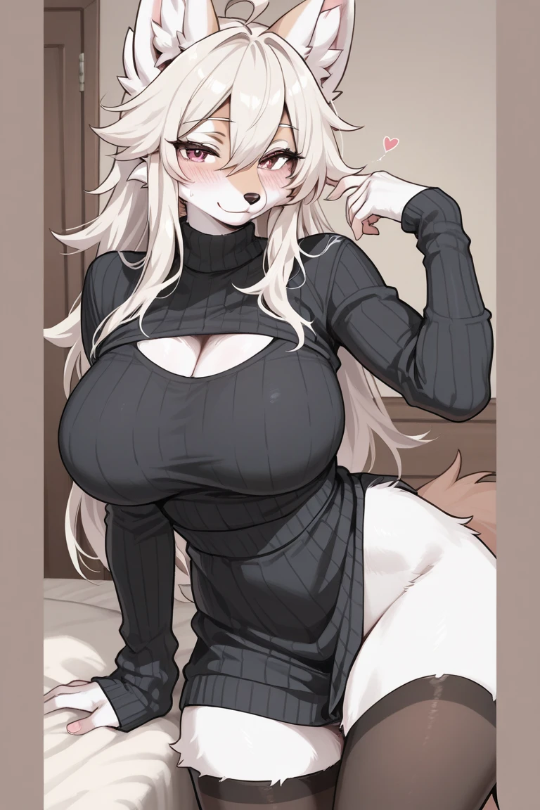 Solo, score_9,score_8_up,score_7_up, source_furry, an Anthro furry shiba inu girl, furry body, female canine, snout, black nose, pointy dog ears, black lips, blue eyes, long platinum blonde hair, tall and curvy, naked, nipples, wear only black thigh high socks, blep, playfully sticking tongue out, wearing black sweater, cleavage window, black skirt, hands behind her back, blushing, wearing big round glasses