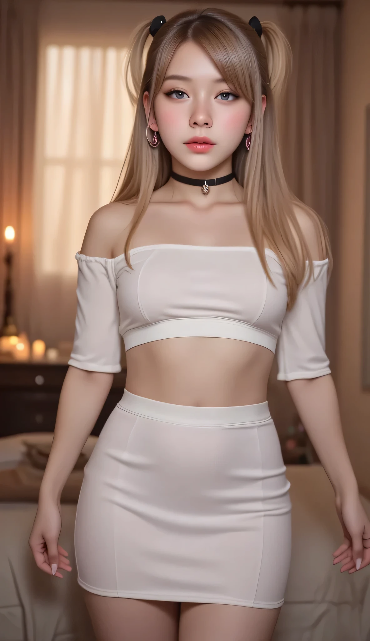 ((masterpiece)),((best quality)),((High detail)),((Realistic,)), feminine, sensual expression, elegant makeup, long blonde hair, seductive eyes, bright lips, sexy pose, (beautiful detailed face: 1.0), smiling, feminine focus, tight crop top, sheer top, bare breasts, big breasts, bare shoulders, sheer nipples, pink short panties, spread legs, sofa, sitting, arms crossed, living room,