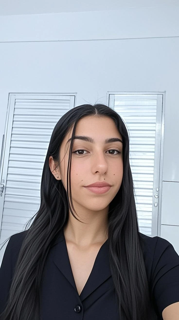 a close-up of a 24 year old woman with straight black hair, she wears black dress in the living room