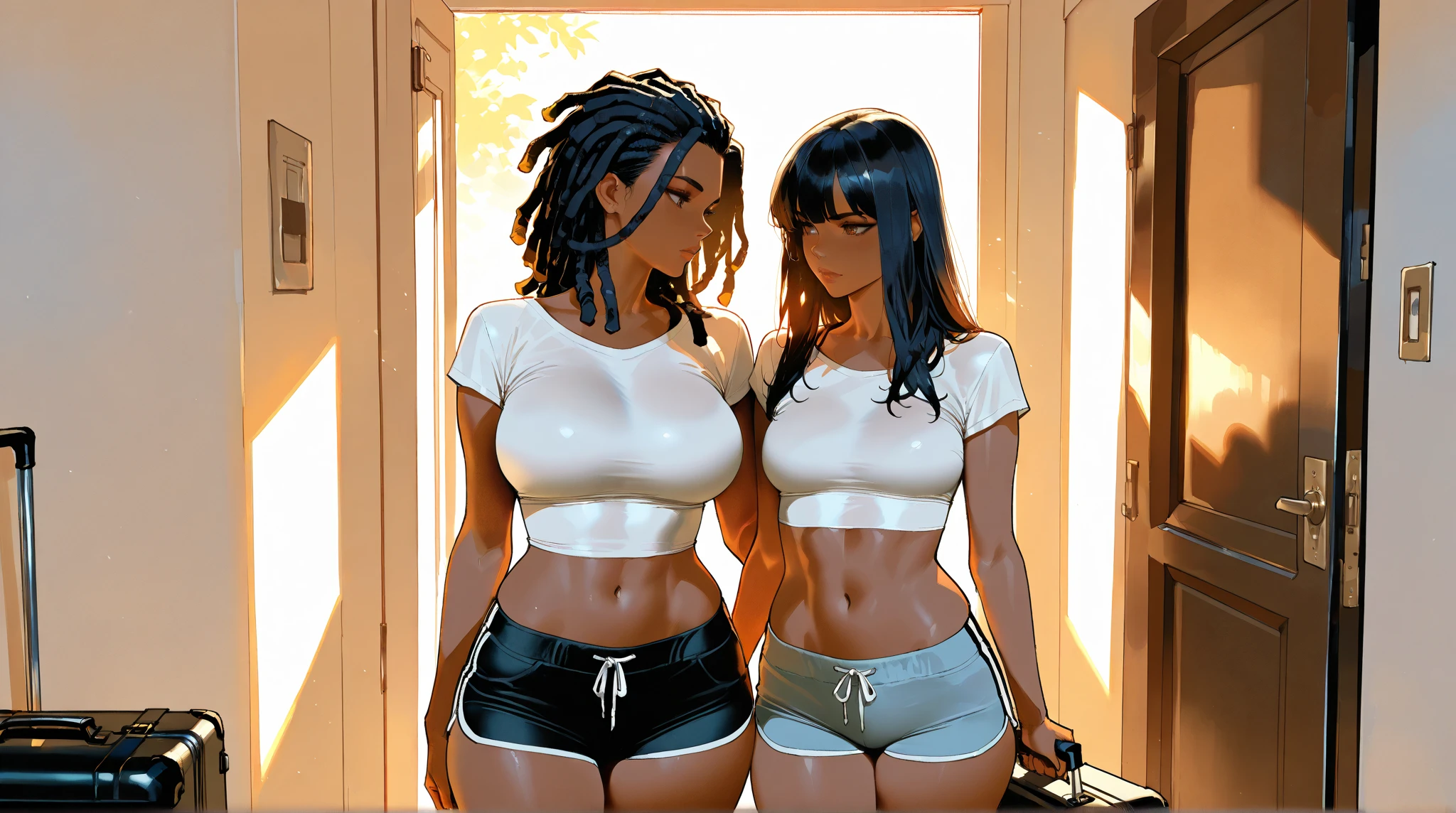 2women, very curvy, massive breasts, mature, plump ass, smiling, one with middle parted long black hair, green eyes, other short brown hair middle parted, brown eyes, white v neck and pencil skirt, tanktop and short shorts, both brown skin, sisters, pretty face,