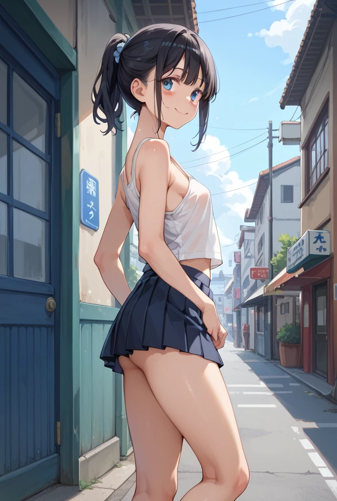 ((best quality)), ((masterpiece)), (detailed), (((perfect face))), ((slender 16yo teenage girl)), (((wearing dark blue pleated skirt))), ((medium breasts)), ((brunette)), ((ponytail)), ((((topless)))), (((blue eyes))), ((shy:1.3)), ((blushing:1.5)), ((skinny thighs)), ((skinny hips)), (((girl looking away))), ((bare stomach)), ((bare arms)), ((bare shoulders)), (((walking up stairs)))