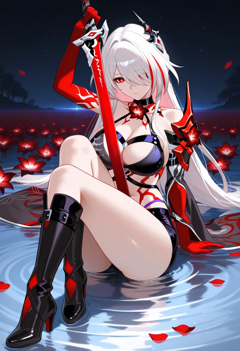 ((tmasterpiece:1.4, Best quality at best))+, (hyper-detailing)+, (exquisite red eye:1.5)+, (Detailed ears:1.5), (cute girls), (garments:1.5), Tight black silk, Very long hair, (Taijitu:1.2), pale-skinned, (white cloth:1.5), (cloth shoes:1.4), Taoist temple, High hills, stone statue, censer, dense fog, delicate legs, (Taoist:1.1), (dawn light:1.2), ), (closeup cleavage:1.1), the only person, Hairbell, White hair, hair covering one eye, V-shaped eyebrows, Gloom (have expressed), from back, from the above, Best quality at best, A high resolution, high detal, high high quality, 16k