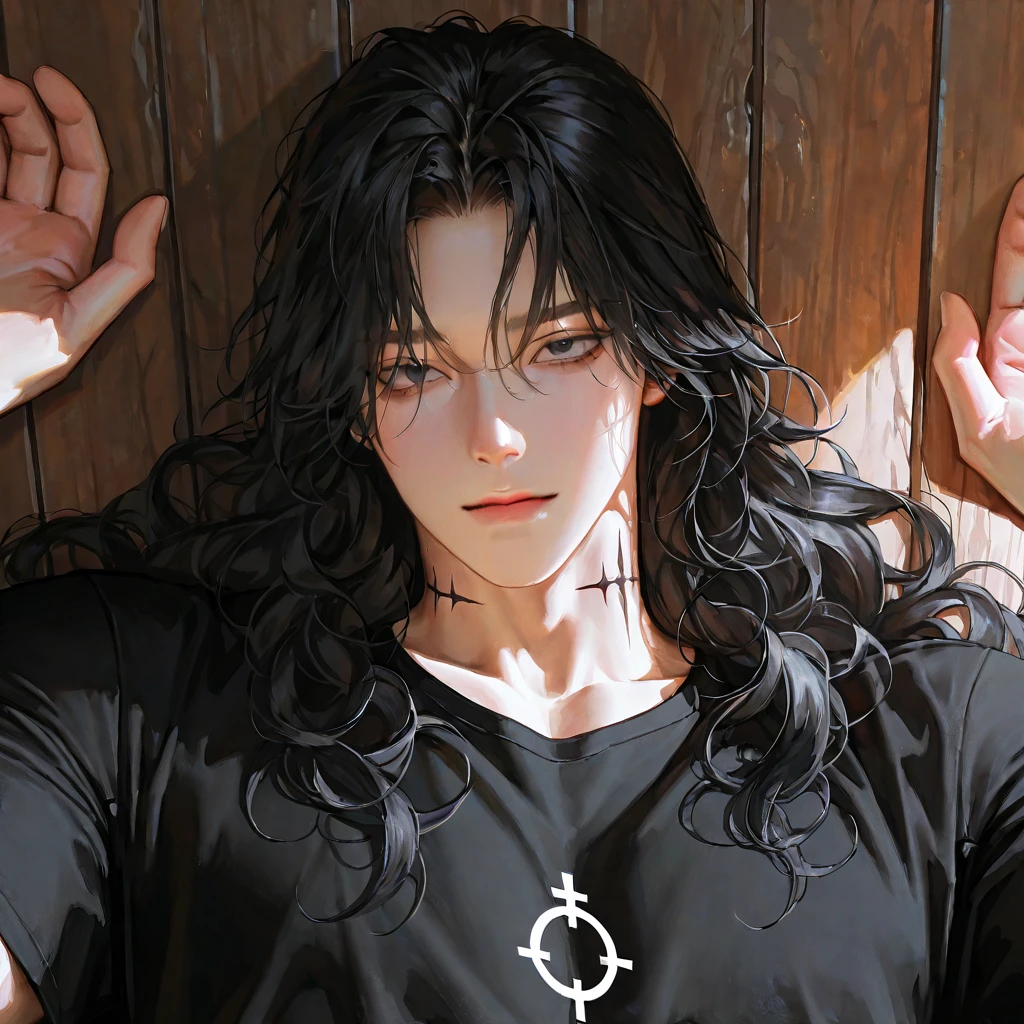 a young teenage man with long black hair with serious white eyes, tattooed hands, wearing black pants and white shirt , com cara de mal