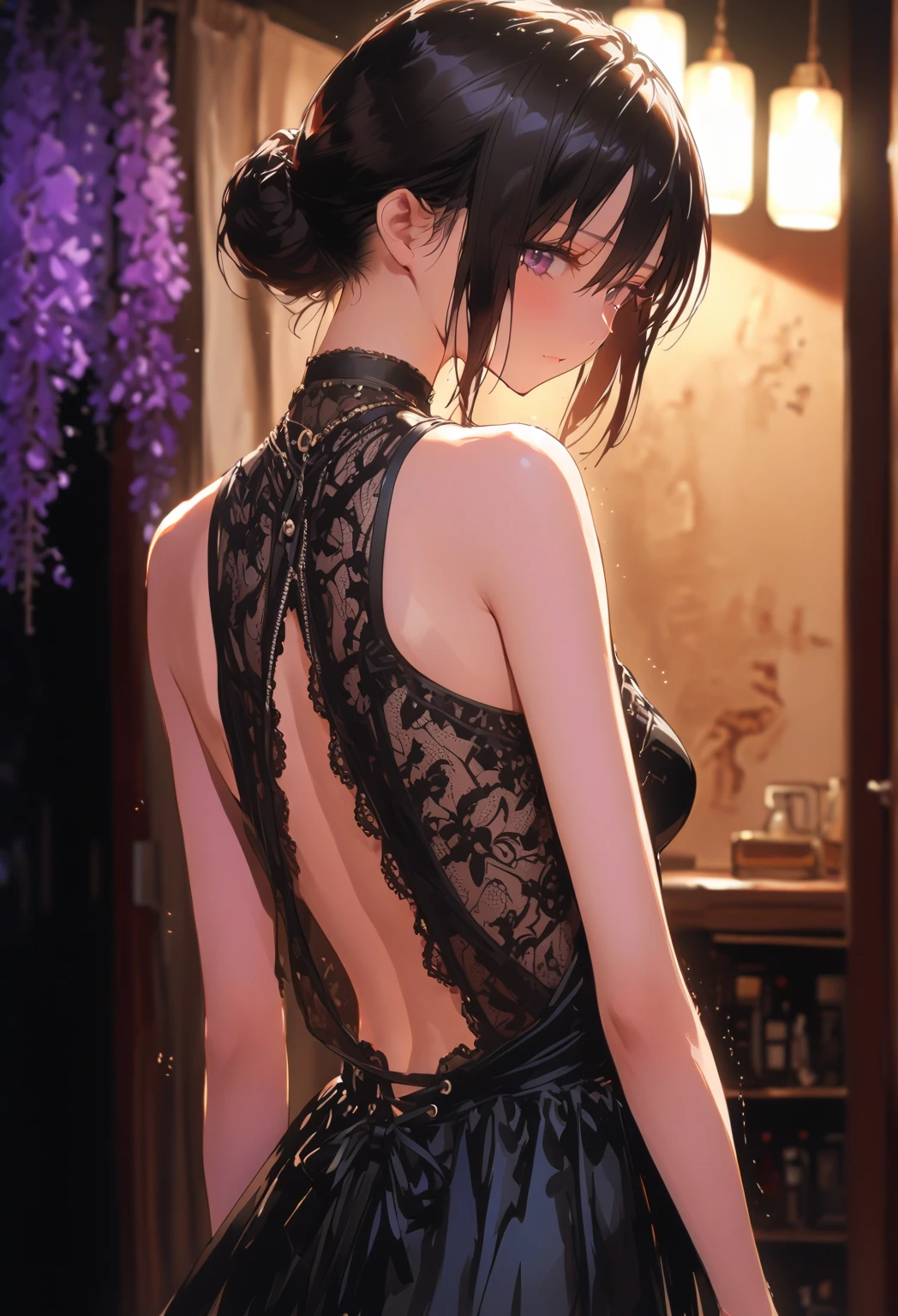Girl, woman, emo_hairstyle, black lipstick, dog collar, eyeliner, eye shadow, smoky eyes, realistic lighting, short hair, thighighs, monk, Taoist robe, open back clothes.