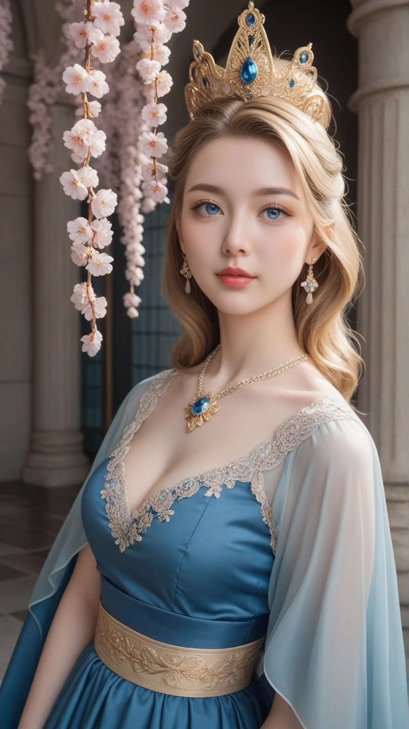 (logo、Masterpiece、8k、Mesa、photo and gross、marvelous、最high quality、Photorealistic and hVery detailed CG integrated 8k wallpaper、high quality、Very detailed、Narrative poem、particle effects、dynamic effects、Depth of written limits.、cinematic light、Lens flare、ray tracing)、Fancy、 (1 Beautiful Blonde Woman with Bright Blue Eyes with Amanda Seyfried Features, brown dress with jewels、Medieval queen dresses、Silver flower pattern、Silver Flower Embroidery Pattern、by rubio、beautiful face、The real way、Beautiful details blue eyes beautiful skin)、Hair flutters in wind、hair bounces、beautiful castle, a perfect hand drinking tea, Sakurafubuki、Spectacular view、sunrise、sun in the background、wind、God々、served、God story、vast land