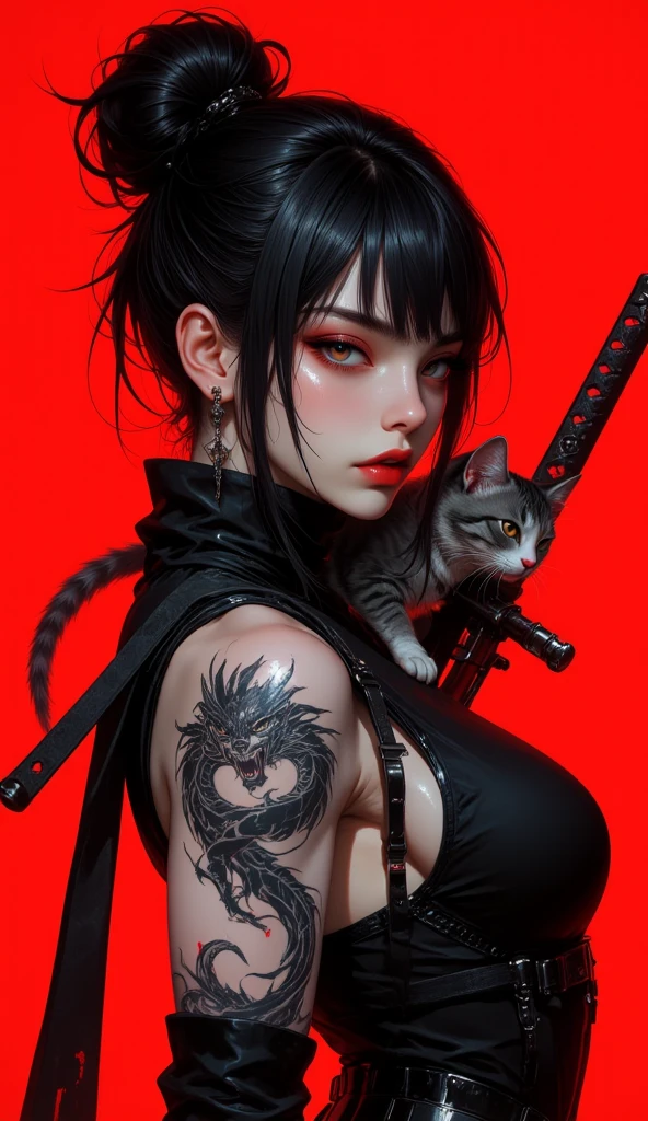 (best quality, sketch:1.2),realistic,illustrator,anime, Woman with tattoos on her arms and chest, Cyberpunk art inspired by Masamune Shirow, Art Station, Gothic art, Then Martin, Then Martin artwork portrait, Frank Cho, ArtJam and ilya kuvshinov, Chris Moore. ArtJam, ArtJam greg rutkowski _ greg, shohei otomo black and red gradient background,neon hair,textured cropping, masterpiece, style retro classic, noir style , Japanese style, ((monochrome)) cleavage, crop top, cat ears