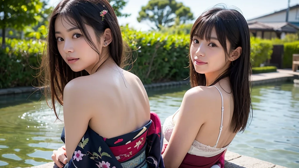 best quality, ultra high res, (photorealistic: 1.4), 1girl, beach, black_hair, blue_sky, blunt_bangs, blurry, bug, butterfly, chinese_clothes, cloud, cloudy_sky, day, hair_ornament, horizon, blue japanese_clothes, blue kimono, long_sleeves, mountain, ocean, outdoor, red_lips, river, coast, sitting, sky, soil, water, high quality, amazing, beauty, smile, looking at the viewer,  yellow ducks,