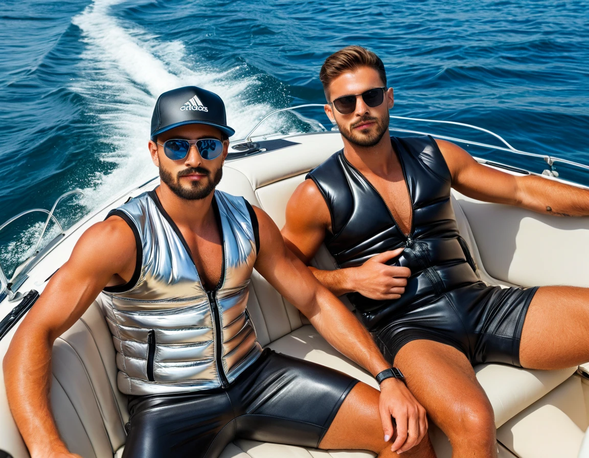 Three 35-year-old European men, like young male lovers, Blue eyes clear,Full chest muscles,swelling of chest muscles,Sexy and charming eyes,they are together, Everyone is wearing stylish black leather pants,all topless, they are posing for fashion editorial, photo shoot, Face, Pop music, fashion editorial, Our view of them is from shoulders to head, Luxury yacht ,Ocean,Blue sky and white clouds