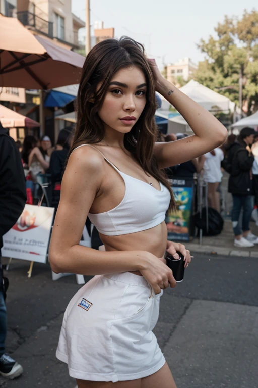 a beautiful brunette 18 HighWaist short backside smiling night concert