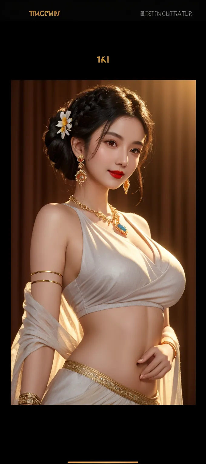Best quality, masterpiece, ultra high res, (photorealistic:1.4), raw photo, 1girl, offshoulder, in the dark, deep shadow, low key, cold light,wearing a traditional saree, at a weeding shoot , large boobs