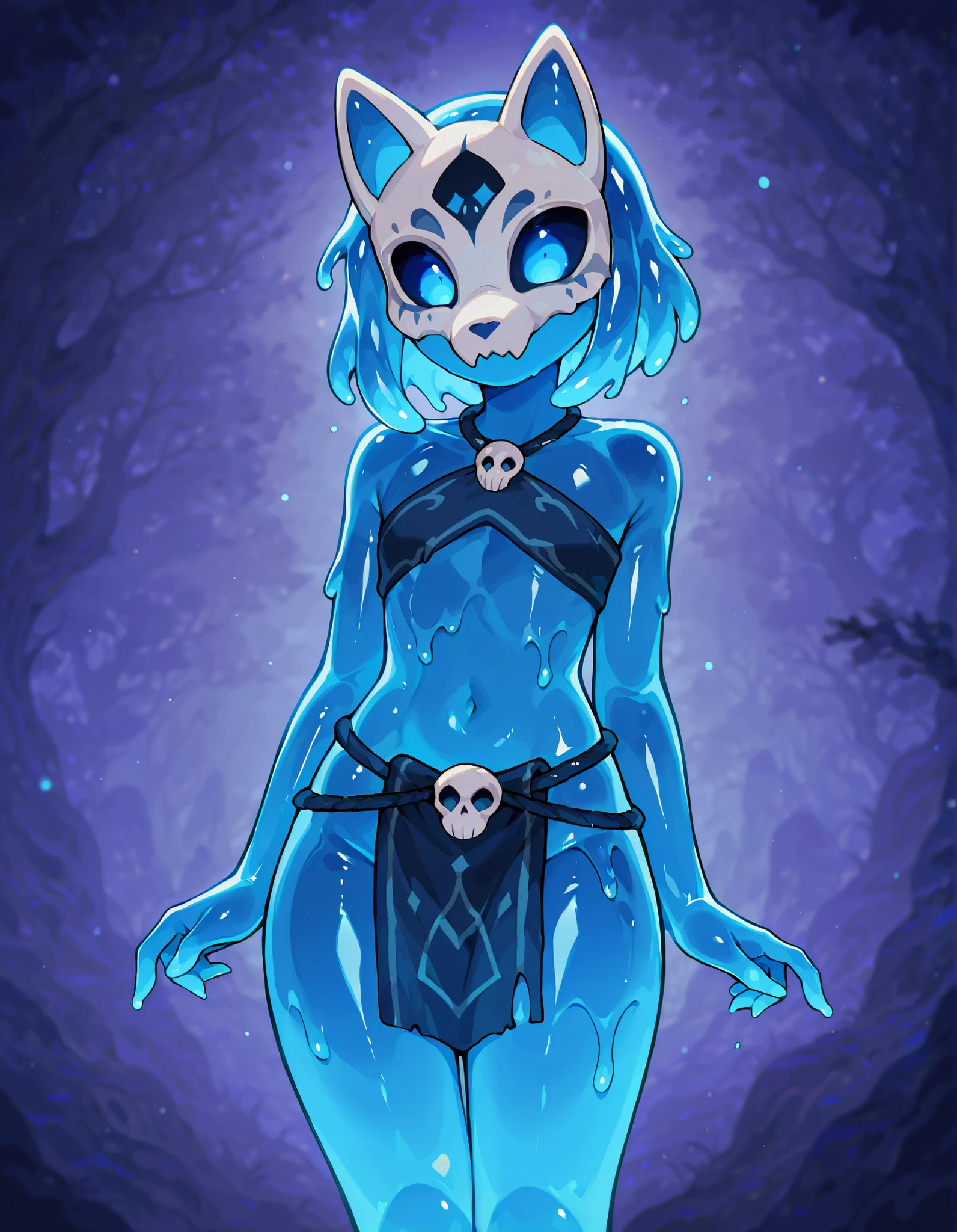 Slime: Imagine a feminine Slime with a gelatinous shape, but more defined, of a brilliant turquoise blue tone that reflects light. Body is fluid and malleable, but maintains a humanoid figure, Androgyny, anthro, playful, skull face, half fox mask on side of the head, transparent body, sculpted body, loincloth, glowing white eyes, capable of changing shape at will. It has large eyes of an intense violet color, with a wise and calm look, that reflects her maturity and experience. Despite its gelatinous nature, moves with a unique elegance, as if it were floating and gliding through the air.